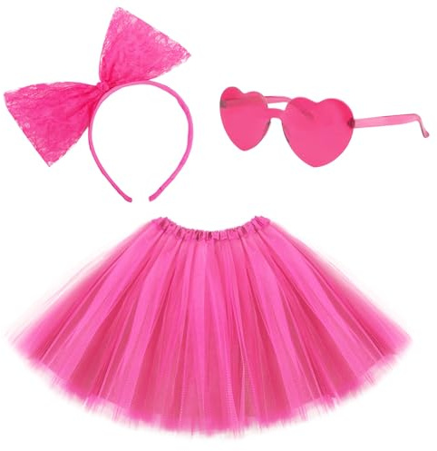 Lainlight Adult Tutus for Women, 4 Layered Tulle Tutu Skirt Set with Heart Sunglasses and Bow Headband Colorful Party Favors Pink