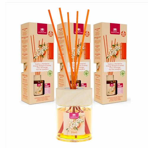 Cristalinas 35ml Orange Blossom Air Fresheners for Home - Reed Diffusers for home - Home Fragrance Lasts upto 8 weeks - Room Diffuser Sticks with Coloured Fragrance Oil - Pack of 3