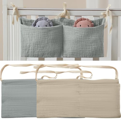 ZOCONE 2 Stücke Babybett Organizer Hängend, 2-in-1 Baby Kinderzimmer Organizer Aufhängen Babybett Verstellbarer Organizer für Windeln Kleidung Spielzeug Hängeorganizer Babybetttasche(Bohnengrün+Khaki)