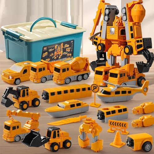 Eznaobo Magnetic Transform Engineering Car Assembled Toys with Storage Box, Magnetic Blocks for Age 3-8 Toddlers Kids, Magnetic Transforming Engineering Cars,Transforming Robot Toys (35pcs/yellow)