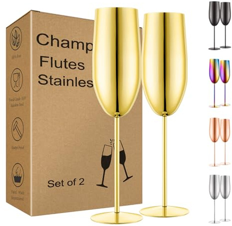 UNISWEET Champagne Glasses Set of 2 Stainless Steel Champagne Flutes Wedding Gifts for Bride 8.5 oz Unbreakable Gold Champagne Glasses for Party Wedding Christmas Anniversary Brithday
