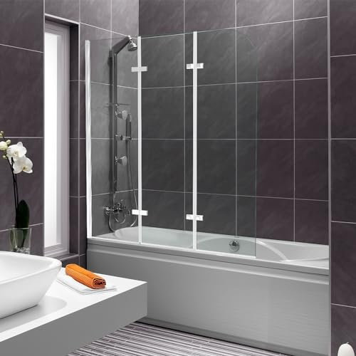 ISOISL Parete doccia per vasca da bagno, 120 x 140 cm, 3 pezzi, pieghevole, con vetro di sicurezza ESG da 6 mm, colore argento trasparente, con inserto per vasca da bagno