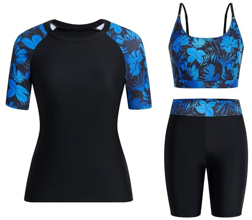 Owntop Maillot de bain 3 pièces Rashguard UPF50+ UV pour femme | Rashguard à manches courtes, haut de bikini et short taille haute | maillots de bain modestes | natation surf