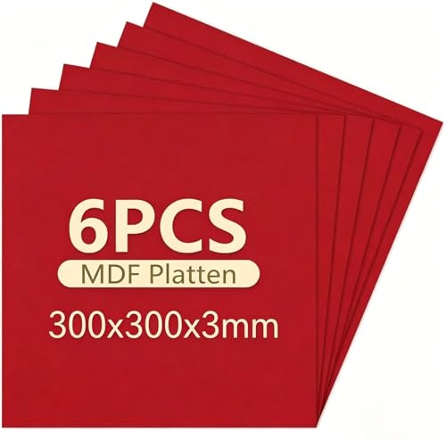 Creatorally 6 Stück Farbige MDF Platten für Lasergravur und Laserschneiden, 300x300x3mm, Unbehandeltes Faserholz für DIY Bastelprojekte, Wohndekoration & Schilderherstellung (Rot)