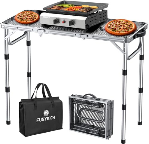 FUNYKICH Mesa Plegable Portátil para Barbacoa 87x40cm, Mesa Camping con 3 Alturas Ajustables (26/48/70cm), Superficie de Malla de Aluminio Impermeable, Montaje Rápido, para Camping, Jardín y Fiestas