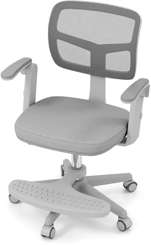GYMAX Kids Desk Chair, Height Adjustable Children Swivel Chair with Armrests, Universal Wheels & Removable Seat Cushion, Child Study Chair for Girls Boys (with Footrest, Grey)
