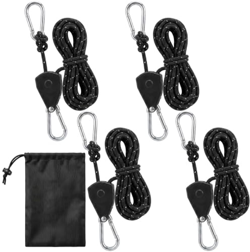 4 Pcs Reflective Tent Guy Ropes 4M, Adjustable with Ratchet Tensioners, Heavy Duty Guide Ropes with Aluminum Adjuster, Portable Outdoor Camping Rope for Tent, Awning, Hiking, Grow Lights