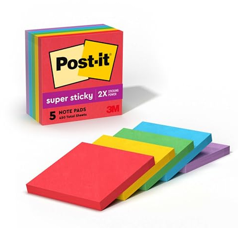 Post-it Super Sticky Notes, 5 Sticky Note Pads, 3 x 3 in., School Supplies and Office Products, Ideal for Textbooks, Notebooks, Walls and Vertical Surfaces, Playful Primaries Collection