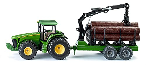 siku 1954, John Deere Traktor mit Forstanhänger, 1:50, Metall/Kunststoff, Grün, Funktionsfähiger Ladearm und Greifer