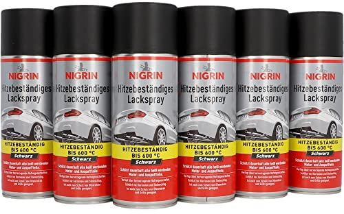 NIGRIN Lackspray, 6 x 400 ml, mattschwarzer Autolack, hitzebeständig, schützt Motor und Auspuff vor Rost, schnell trocknend
