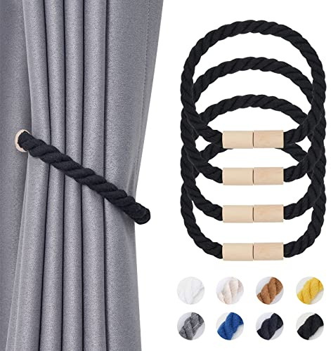 Pretty Jolly 4 Stück Magnetische Vorhang Raffhalter aus Holz, Boho, Heimdekoration, drapierte Raffhalter, handgefertigt, Baumwollseil, Vorhanghalter für Zuhause und Büro, Fenstervorhänge (Schwarz)