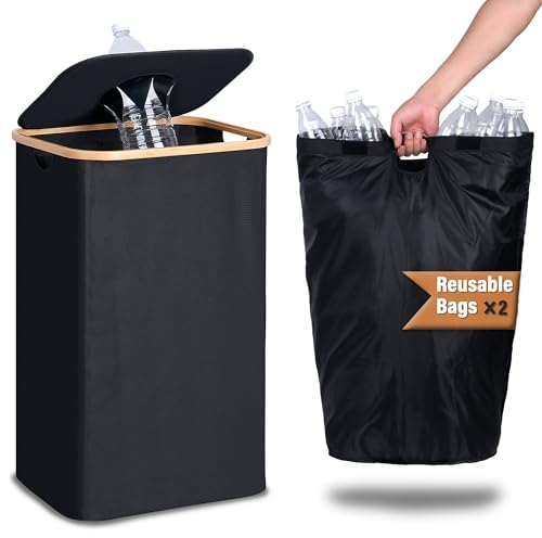 efluky 100L Pfandflaschen Sammelbehälter, Schwarz Pfandflaschen Aufbewahrung mit Tragetasche, Pfandflaschen Sammelbehälter mit Deckel