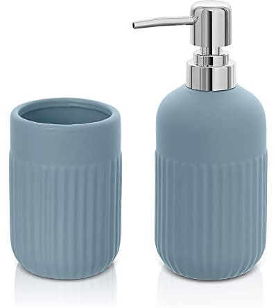 Inbagno Set Accessori Bagno da appoggio 2 Pezzi, Dispenser Sapone e Bicchiere portaspazzolini, in Ceramica Colore Turchese Cobalto, Linea Cup