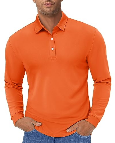 TACVASEN Tactical Polo Shirts for Men Long Sleeve Polo Lightweight T Shirt Quick Dry Running Top Orange,L