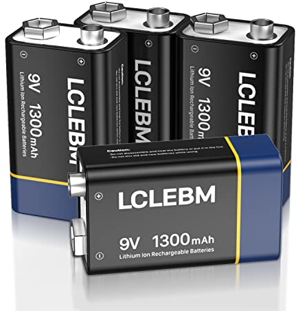LCLEBM Batería de 9 V, 1300 mAh, 9 V, batería de litio, cargador USB-C con cable de carga 2 en 1 para alarmas, micrófonos inalámbricos, detectores de humo, juguetes, linternas, 4 unidades