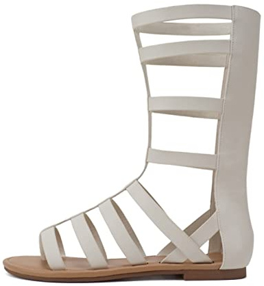 Soda MOXIE ~ Women Open Round Toe Mid-Calf Height Flat Gladiator Sandal (Bone PU, us_footwear_size_system, adult, women, numeric, medium, numeric_7)