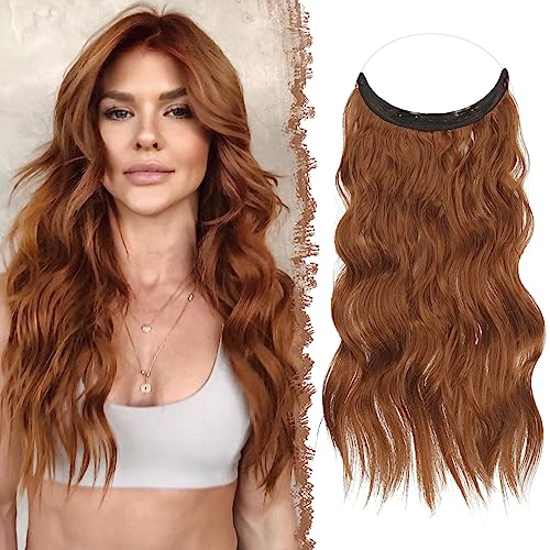 FESHFEN Secrets Haare Extensions Lange Gewellt Haarverlängerung Invisible Secret Haarextension Synthetik Hair Unsichtbarem Haarteile für Frauen Kupferrot 50 cm
