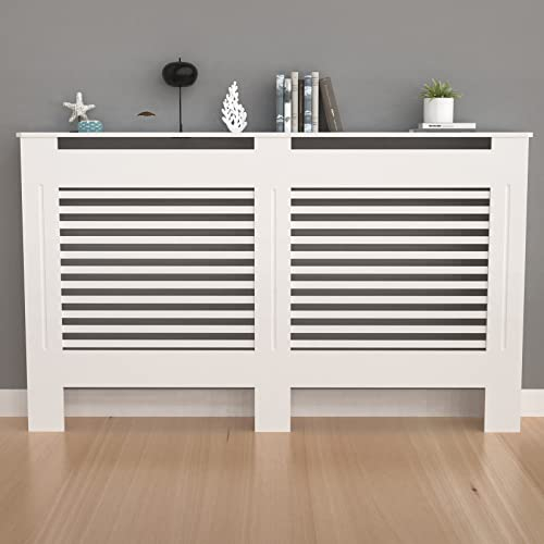 FATIVO Cache-radiateur haut en bois pour armoire : hauteur intérieure 100 cm, extra large, blanc à lattes horizontales, étagère de radiateur moderne en bois MDF épais, pour couloir, maison, bureau,