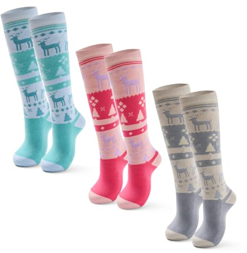 Qterdiz Ski Socks Kids Girls Winter Warm Snowboarding Socks for Boys Girls Thick Thermal Skating Socks 3 Pack Christmas Deers 10-12 Years