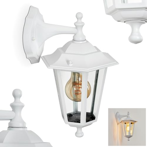 Lámpara de pared exterior Loria, lámpara de pared hacia abajo en aspecto antiguo, de metal/cristal en color blanco/transparente, lámpara de pared estilo rústico, lámpara exterior para terraza, E27,