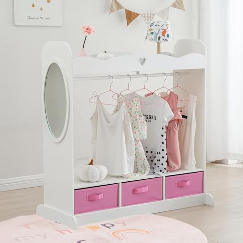 RELIANCER Kids Armoire Dress-Up Closet w/Mirror,Open Hanging Wardrobe w/Clothes Rack,Toddlers Pretend Play Costume Storage Dresser,Children Costume Organizer Center for Nursery Girl Bedroom Playroom