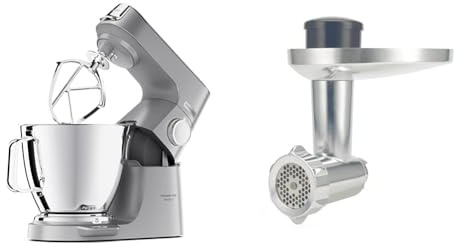 Kenwood Titanium Chef Baker XL, Kitchen Machine with K-Whisk, Stand Mixer with Kneading Hook, Whisk and 6,7L Bowl, KVL85.004SI Power 1400W, Silver & KAX950ME Food Mincer Attachment