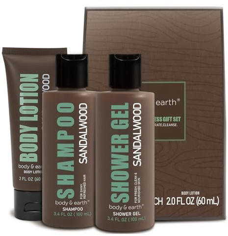 BODY & EARTH Duschgel Männer 3-teiliges Set, Männer Geschenkset mit Sandelholz Duft, Herren Reiseset mit Duschgel, Körperlotion, Shampoo, Geburtstagsgeschenk, Valentinstagsgeschenke