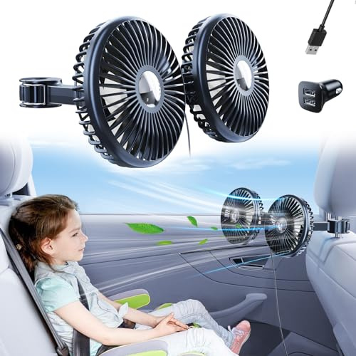 Nauttxon Car Fan for Back Seat [Comes with Car Charger] 360 Degree Rotatable USB Car Seat Fan for Baby Rear Facing - 3 Speeds Separate Control for Vehicles SUV RV - Black