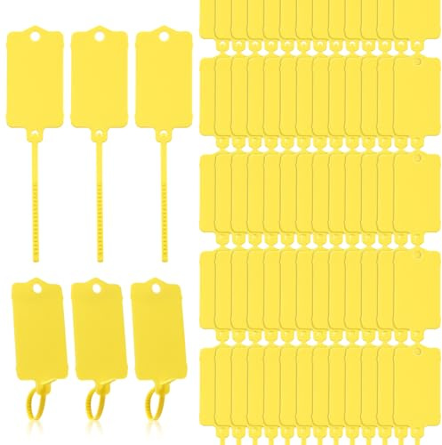LeonBach Lot de 100 étiquettes d'expédition en plastique, 3,7 x 6,3 cm, imperméables, inscriptibles, avec ruban d'étanchéité, jaune 2