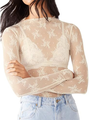 Springcmy Women Sexy Mock Turtle Neck Long/Short Sleeve Sheer Mesh Lace Floral See Through Going Out Layering Slim Fit Tops Streetwear