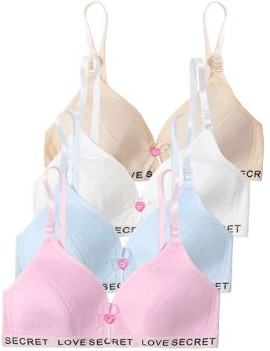 Sunvivid Sports Bra for Girls 4 Pack Seamless Training Bras Wireless Thin Pads Strappy Top Cotton Bralettes Teen Underwears with Adjustable Strap for 10-12