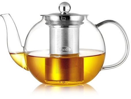 CNGLASS 1200ml/40.5oz Glass Teapot with Removable Infuser,Clear Tea Kettle Stovetop Safe,Blooming and Loose Leaf Tea Maker