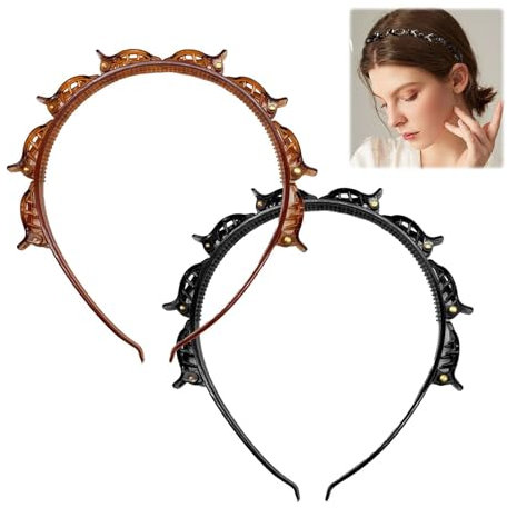 JAMSSOW 2 Stück Haarreif mit Klammern,Haarreifen mit Klammern,Bangs Hairstyle Hairpin,Haarreif mit Clips,Stirnband mit Zahnstirnband Braid Tool, elegantes Stirnband für Frauen und Mädchen