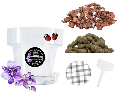 LiveLaif® Kit de Transplantation d'orchidées : 1 Pot (Crochets et Assiette) + substrat écorce de pin sélecte (avec Perlite et Vermiculite), Argile expansée + Filet + étiquette (Ø15-Transparent)