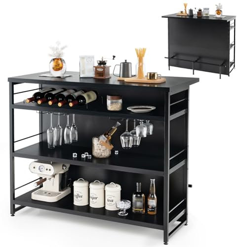 GIANTEX Hausbar Theke Bar, Barschrank mit 4 offenen Ablagen, Bartisch Küchen Tresentisch mit Weinregal & Gläserhalter, Küchenregal Küchentheke 120 x 60 x 101 cm, Küchenbar Küchentresen