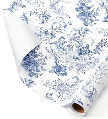 WERNNSAI Rouleau de papier cadeau floral - 1 rouleau de papier cadeau 43 cm x 10 m avec motif floral bleu avec motif floral pour anniversaire de fille, cadeau de mariage