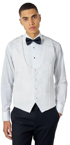 Xposed Men’s White Tuxedo Suit Waistcoat Damask Flocked Jacquard Print [WC-HENRY-WHITE, UK/US 40 EU 50]