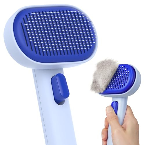 aumuca Cat Dog Brush with Release Button, Grooming Comb for Shedding, Blue | Self Cleaning Pet Brush for Long or Semi-Short Haired Cats, Removing Loose Fur & Tangles and Massage