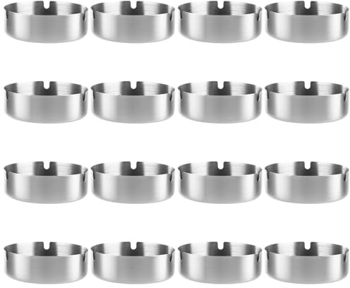 AKOLAFE 16 Pezzi Posacenere 10cm Posacenere Rotondo in Acciaio Inox posacenere Bar Impermeabile Posaceneri Acciaio Inox Posaceneri da Esterno Interno con 3 Scanalature per Ristorante, Salotto(Argento)