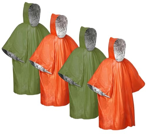 Dulynva 4PCS Poncho de Survie d'urgence avec Capuche, Poncho Pluie Imperméable Réutilisable Sac de Couchage d'urgence Couverture Thermique en Mylar, Réversible pour Camping,Randonnée,Extérieur
