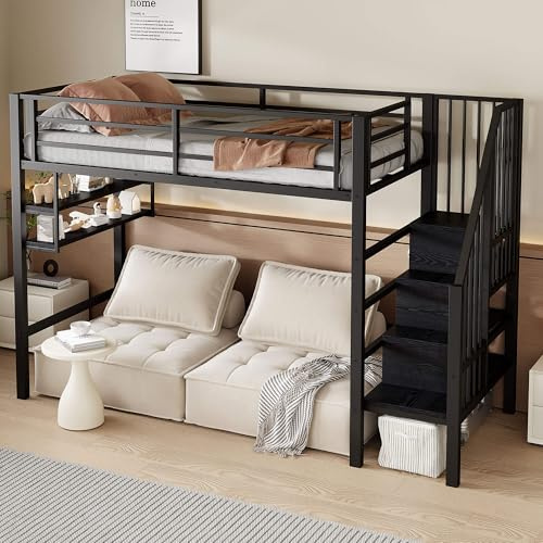 YCYDHDM Cama alta de metal 90 x 200 cm con escalera de almacenamiento y somier, litera con protección anticaídas, cama para niños y adolescentes, color negro