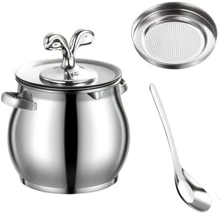 Recipiente de grasa de tocino – Recipiente de almacenamiento de acero inoxidable, inserto de colador de malla fina, utensilio para esparcir a juego incluido, de recogida de grasa de cocina