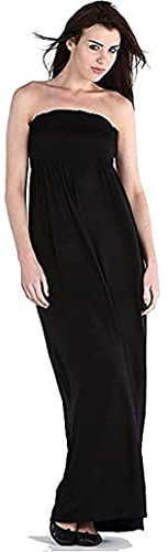 New Womens Plain Long Strapless Elasticated Shearing Ladies Bandeau Shirred Boob Tube Summer Maxi Dress Black Size 12 - 14