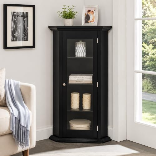 Kings Brand Corner Curio Display Cabinet w/Glass Door & Shelves, Black