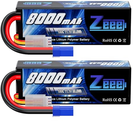 Zeee 3S Lipo Battery 8000mAh 11.1V 100C RC Battery Hard case with EC5 Plug for 1/8 1/10 RC Car Model Buggy Team Associated(2 Packs)
