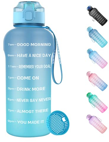 WEMEET 2 Liter Trinkflasche [BPA Frei Tritan], 2L Sportflasche mit Zeitmarkierung und Fruchtfilter, 2000ml Wasserflasche mit Flip Top Deckel für Camping, Fitnessstudio, Picknick BLAU BLAU