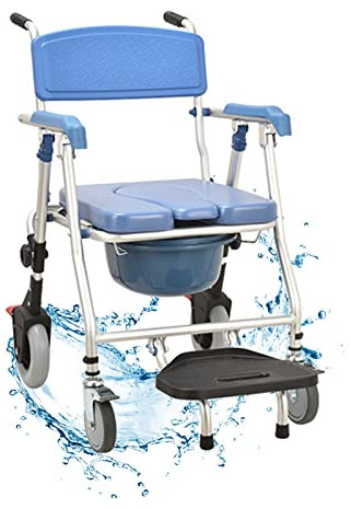 BCBKD Commode Chair for Toilet with Arms, Foldable Shower Wheelchair, Rolling Commode Transport Chair with Wheels, Blue, Aluminium, Plastic