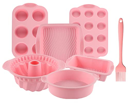Acidea Nonstick Silicone Bakeware Set, 7pcs Baking Cake Pan, Economical BPA Free Heat Resistant Bakeware Suppliers Tools Kit with Silicone Brush for DIY Loaf Bread Cheesecake Pizza Cupcake Muffin