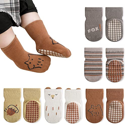 Auranso Baby Socks 5 Pairs Boys Non Slip Grip Socks Kids Girls Cotton Cartoon Animal Toddler Sock with Grips 6-12/12-18 Months, UK Size 1-9.5