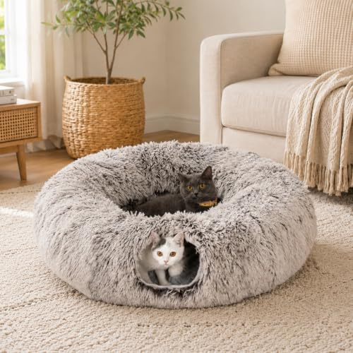 LUCKITTY Warm Fluffy Plush Cat Tunnel Bed Under Christmas Tree Big Tube Playground Toys 3 FT Diameter Longer Crinkle Collapsible 3 Way, for Indoor Cat Kitty Kitten Puppy Rabbit Ferret Brown